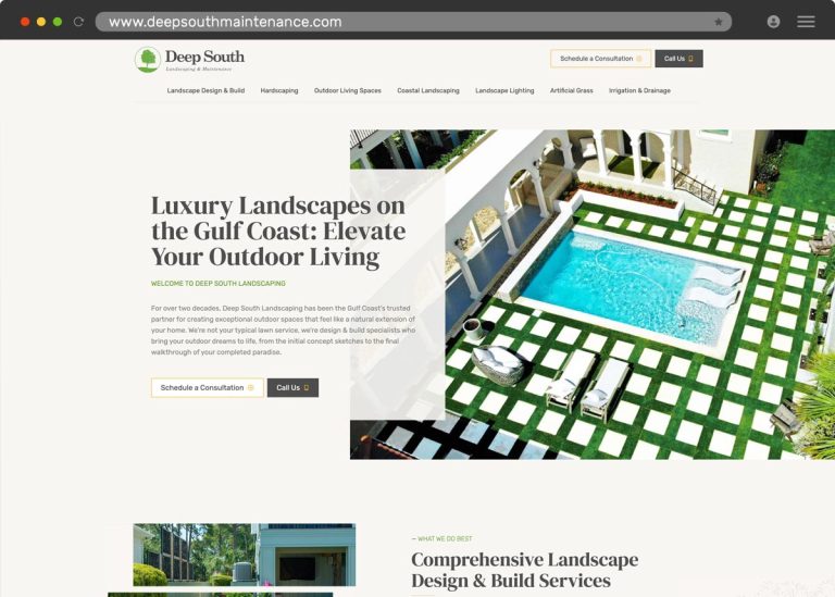 Website design for Deep South Landscaping, a landscaping company in Lillian, Alabama.