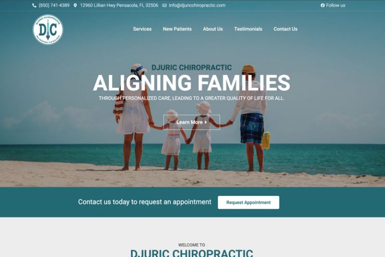 Website design for Djuric Chiropractic, a chiropractic practice in Pensacola, Florida.
