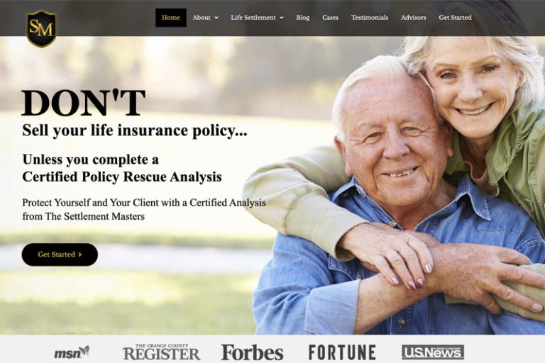 Website design for Settlement Masters, a life insurance settlement company in Newport Beach, California.